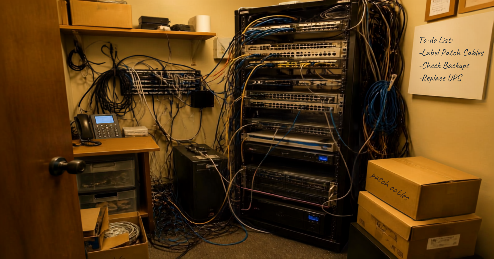 an unorganized IT closet with a whiteboard hanging on the wall containing an IT to-do list