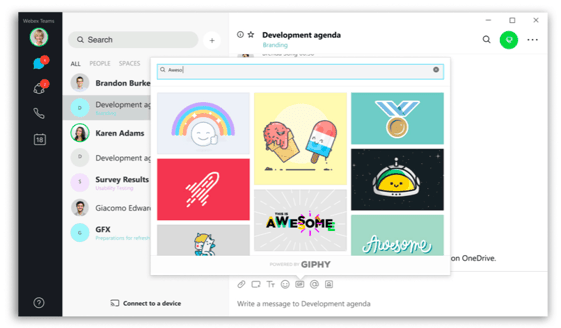 In Webex Teams you can search from thousands of Gifs to find the perfect expression of yourself at any time. 